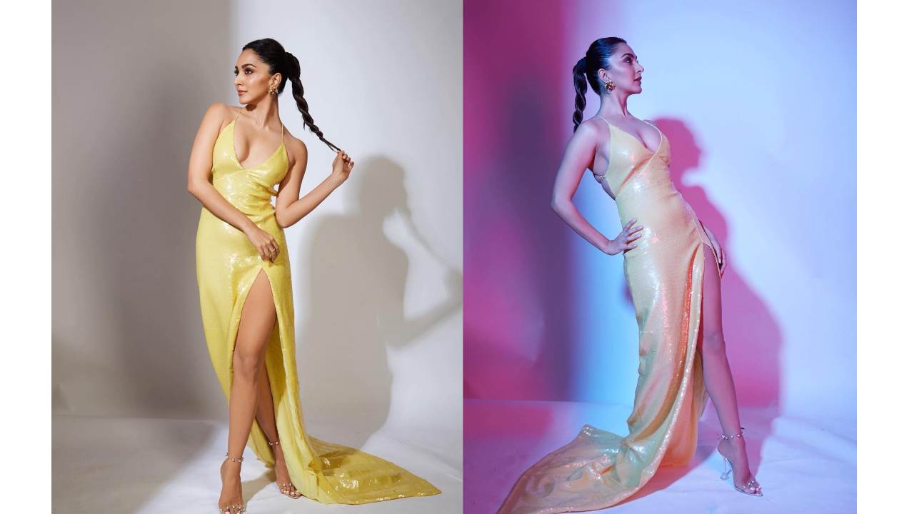 Kiara wore this yellow gown to attend another red carpet-event. Its plunging halter neckline, backless layout with crisscross ribbon ties, sequin embellishments, thigh-excessive slit, train at the back and figure-skimming fitting gives the ensemble a perfect red carpet look.