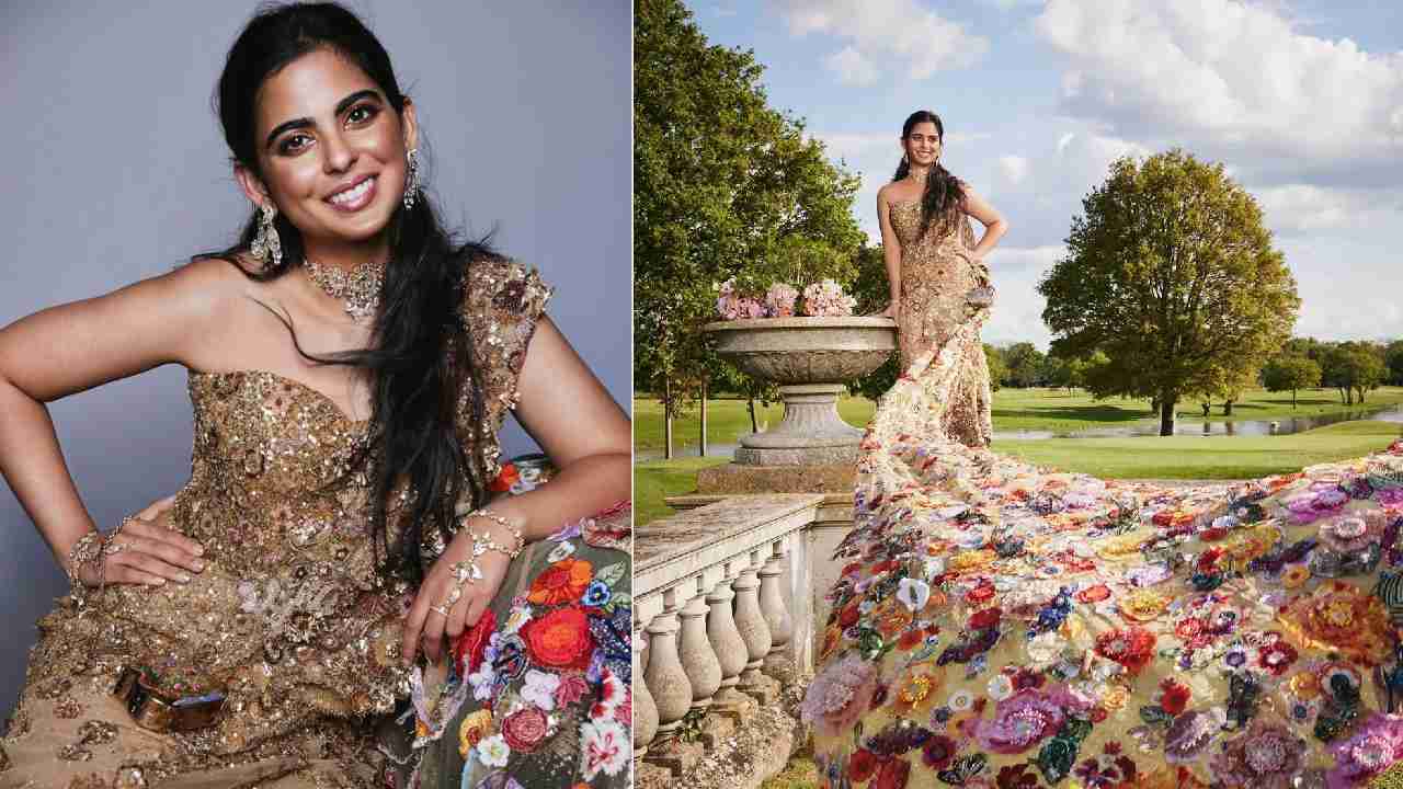 Business magnate Isha Ambani mesmerized onlookers with her golden saree gown, meticulously crafted by designers Anita Shroff and Rahul Mishra