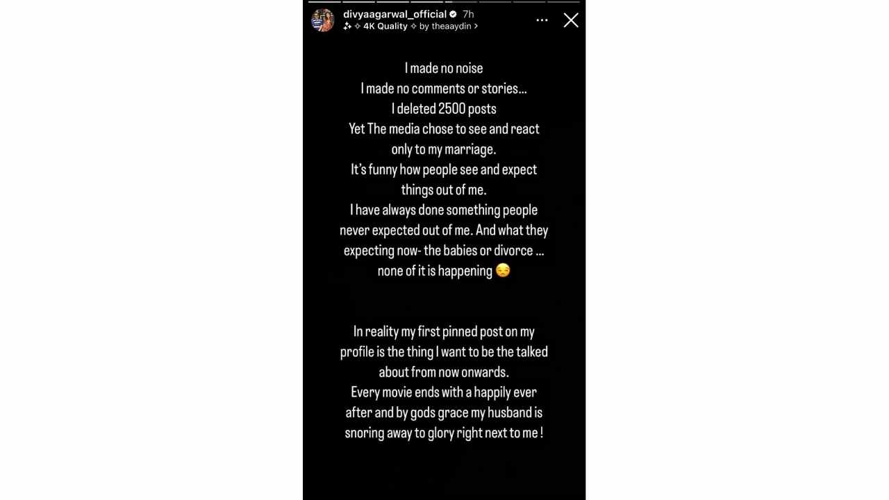 The actress has shared a long note on her Instagram story, in which she clarified that everything is fine between her and her husband. Divya also says that she has removed other posts from her Instagram account, but people chose to react only to the deletion of wedding photos.